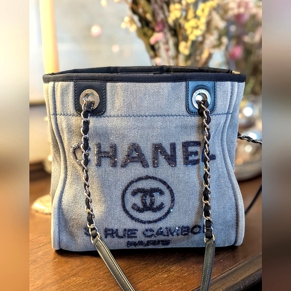 CHANEL Handbags - Chanel‎ Blue Denim Sequin Deauville Tote Bag